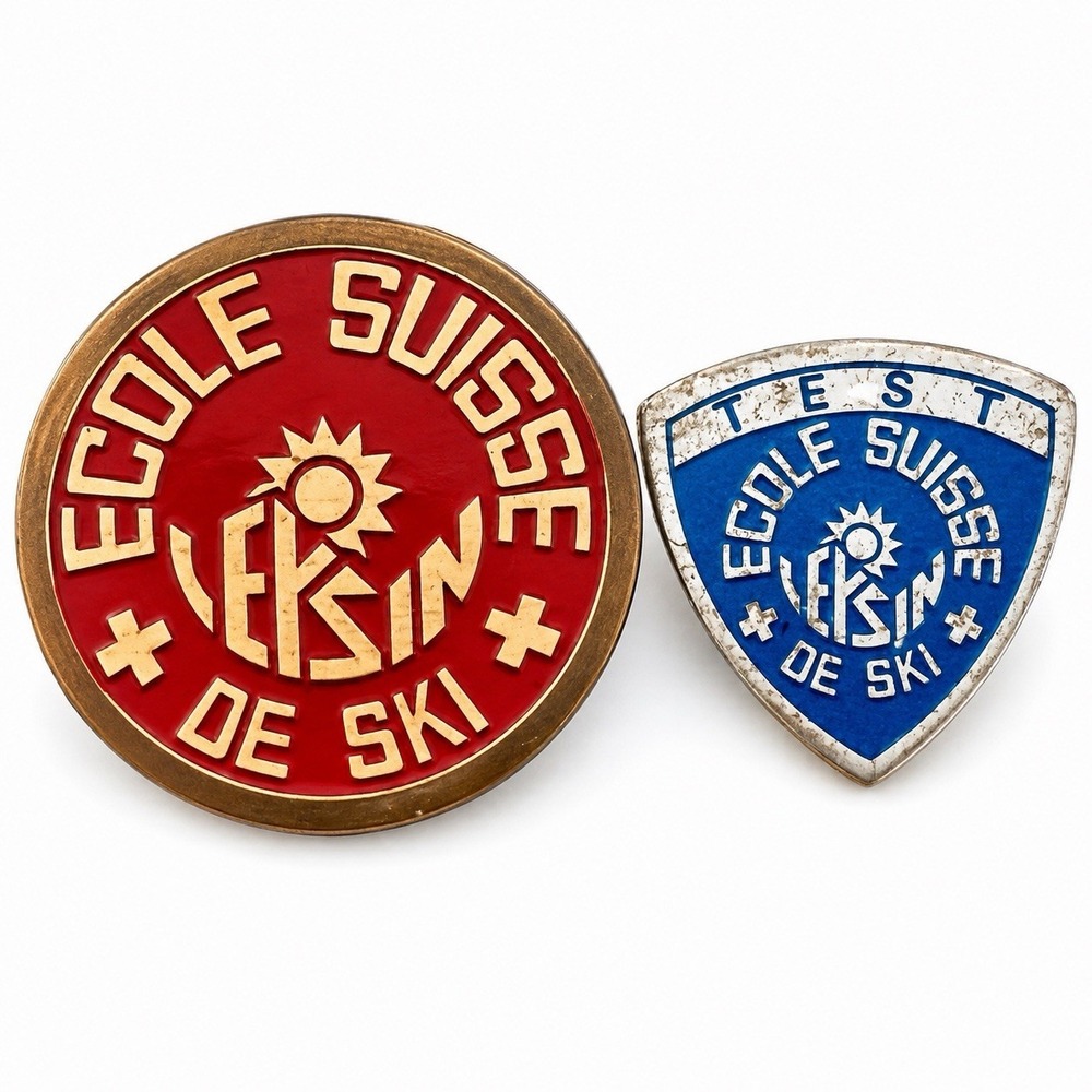 Vintage Ecole Suisse de Ski Swiss Ski School Test Badges Pins Faude Set of 2